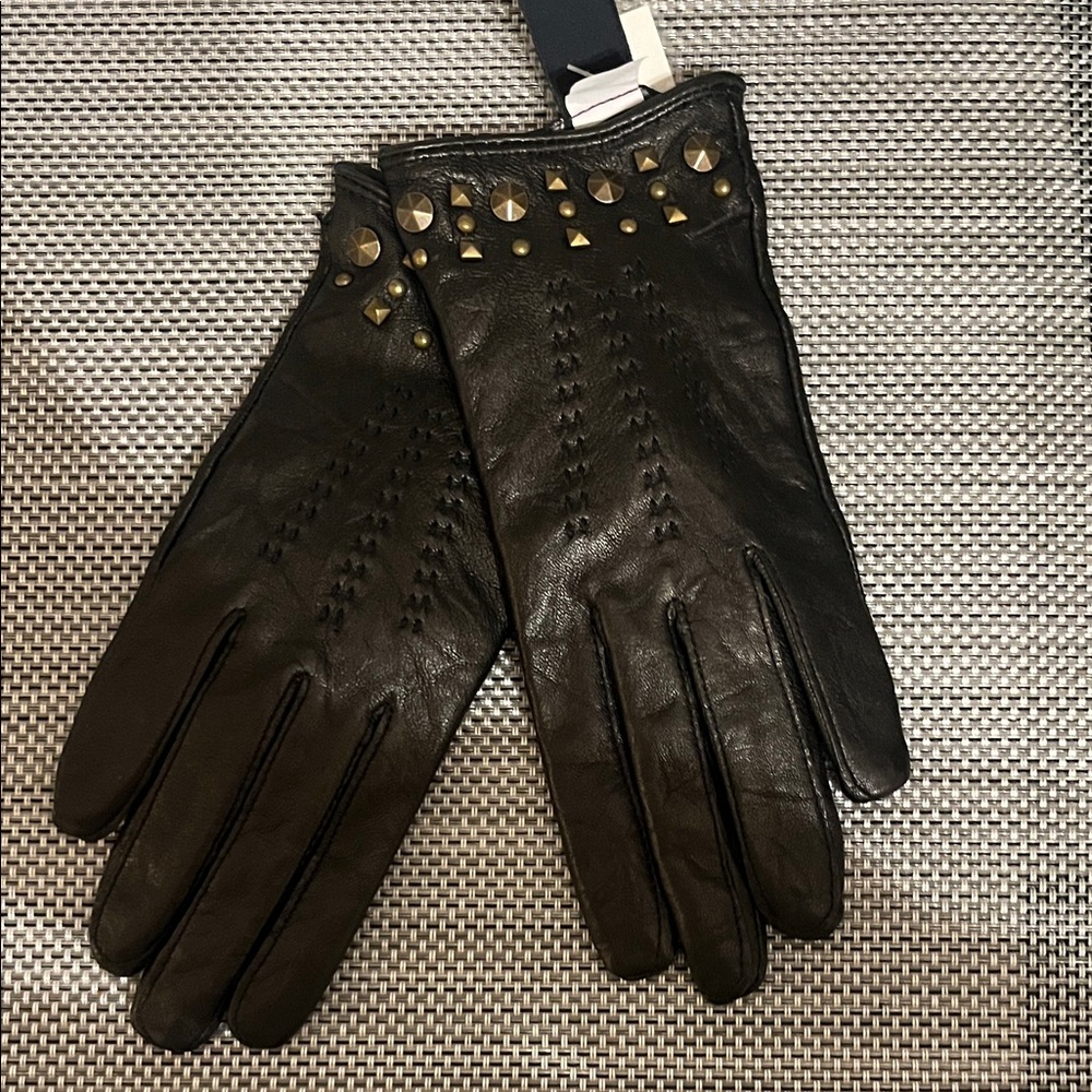 Banana Republic Black Leather Gloves with Gold Studs